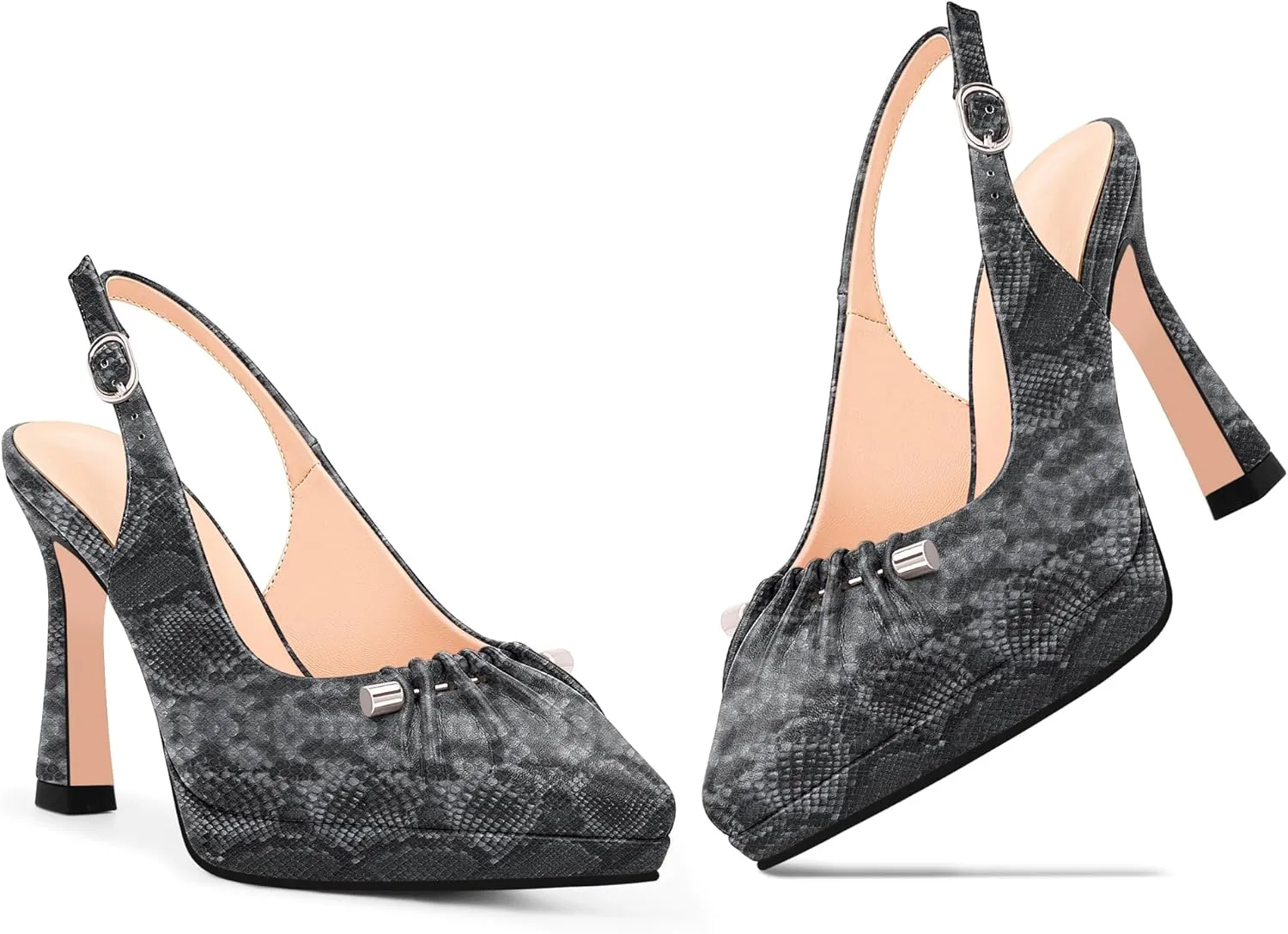 100FIXEO Women's Platform Slingback High Heel Pointed Toe Buckle Comfortable Dress Shoes