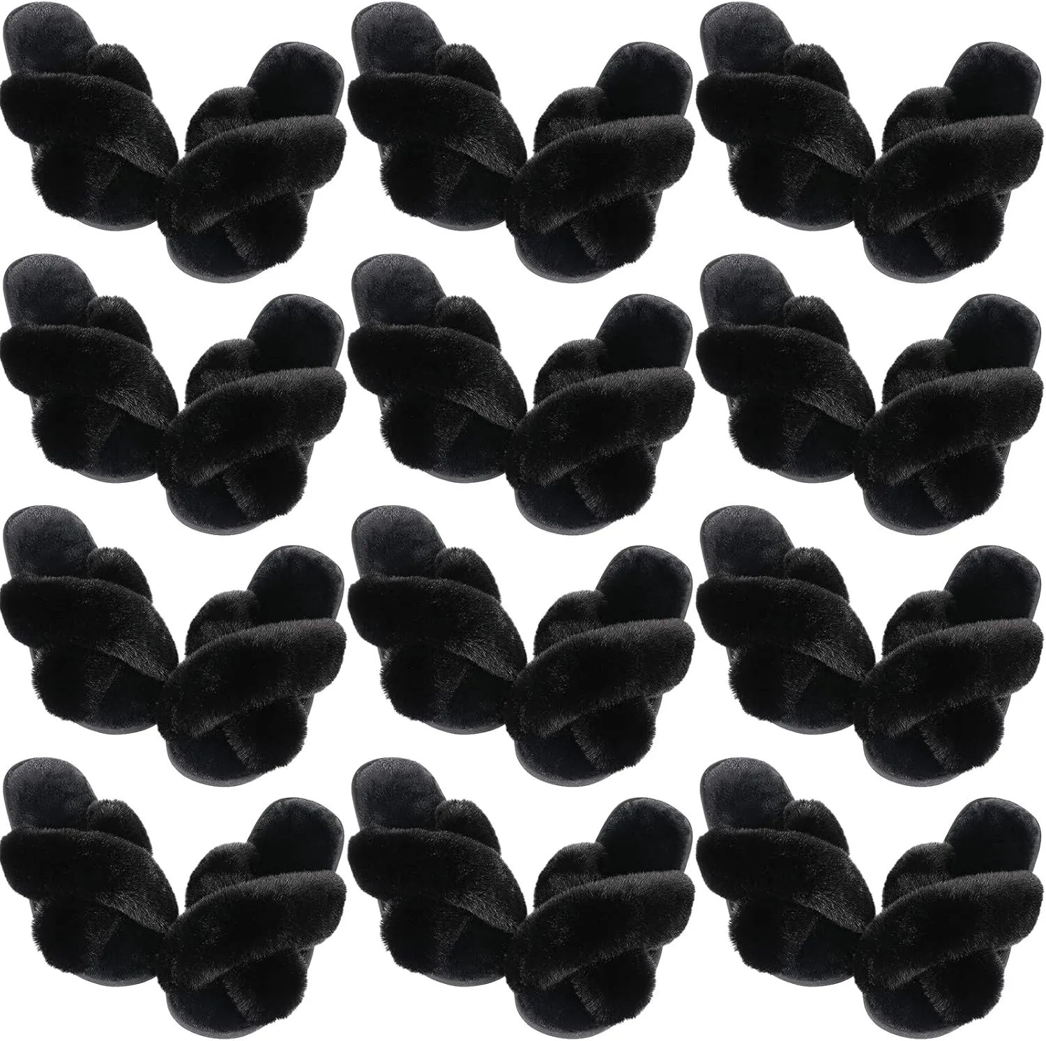 12 Pairs Women's Fuzzy Slippers Cross Band Open Toe Bridesmaid Fluffy Comfy House Slippers for Indoor Outdoor Wedding