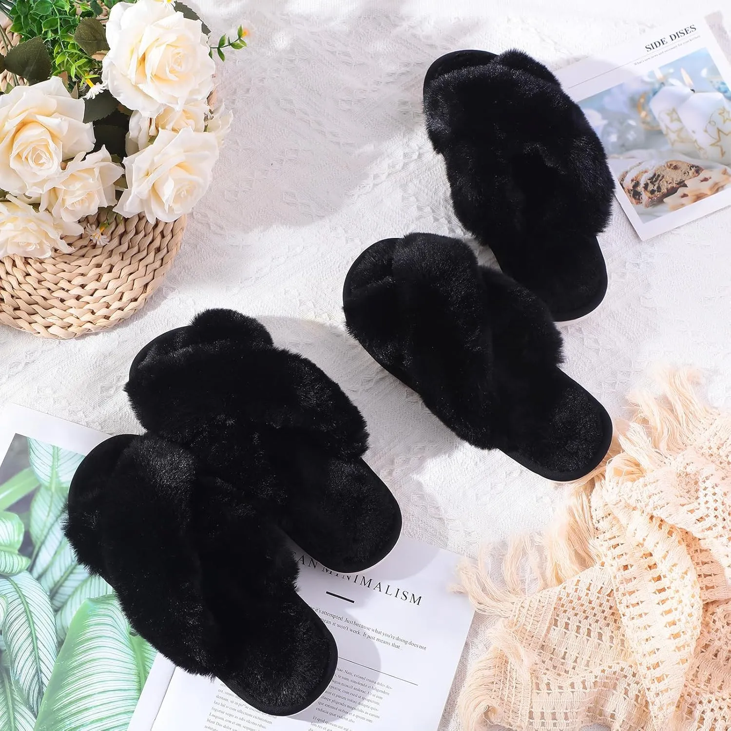 12 Pairs Women's Fuzzy Slippers Cross Band Open Toe Bridesmaid Fluffy Comfy House Slippers for Indoor Outdoor Wedding