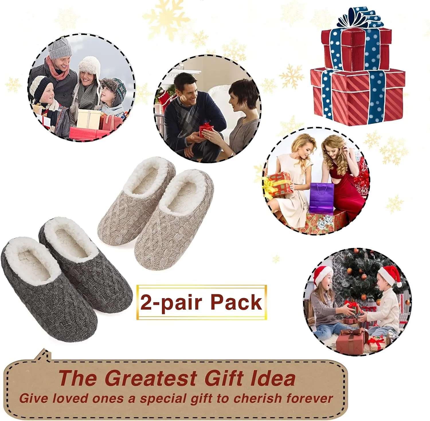 2-Pair Thick Warm Fuzzy Slippers for Women Indoor Fluffy Sherpa Lined, Winter House Shoe Socks Non-Slip Soft Soles, Cozy Christmas Gifts