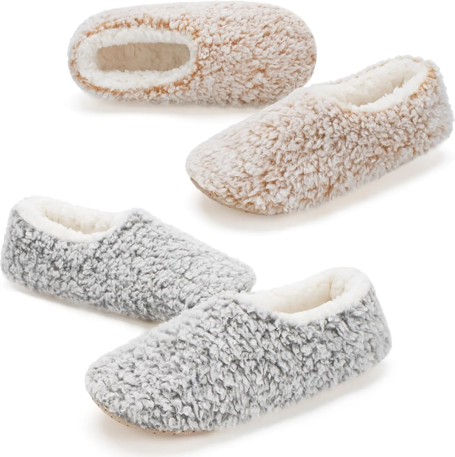 2-Pair Thick Warm Fuzzy Slippers for Women Indoor Fluffy Sherpa Lined, Winter House Shoe Socks Non-Slip Soft Soles, Cozy Christmas Gifts