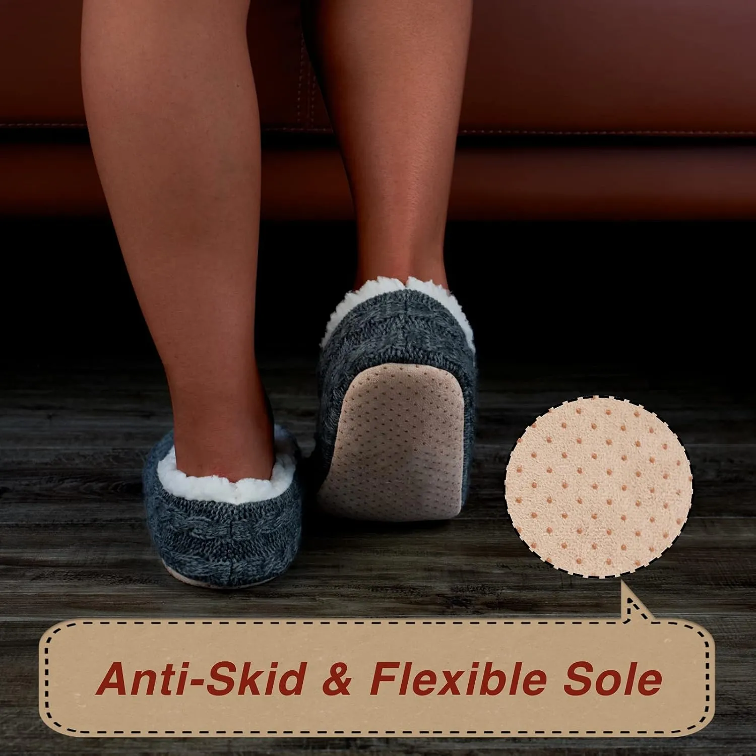 2-Pair Thick Warm Fuzzy Slippers for Women Indoor Fluffy Sherpa Lined, Winter House Shoe Socks Non-Slip Soft Soles, Cozy Christmas Gifts