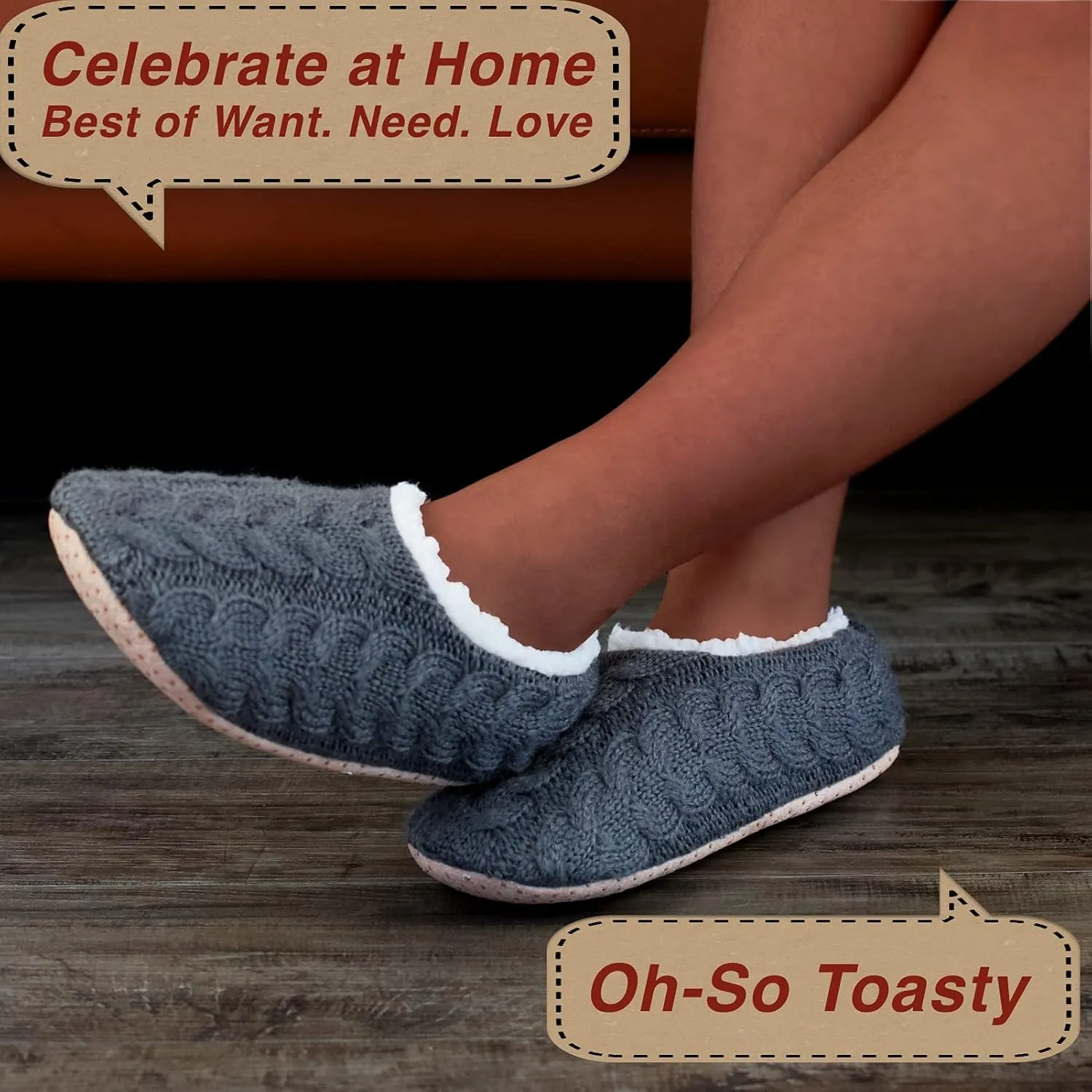 2-Pair Thick Warm Fuzzy Slippers for Women Indoor Fluffy Sherpa Lined, Winter House Shoe Socks Non-Slip Soft Soles, Cozy Christmas Gifts