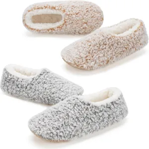 2-Pair Thick Warm Fuzzy Slippers for Women Indoor Fluffy Sherpa Lined, Winter House Shoe Socks Non-Slip Soft Soles, Cozy Christmas Gifts