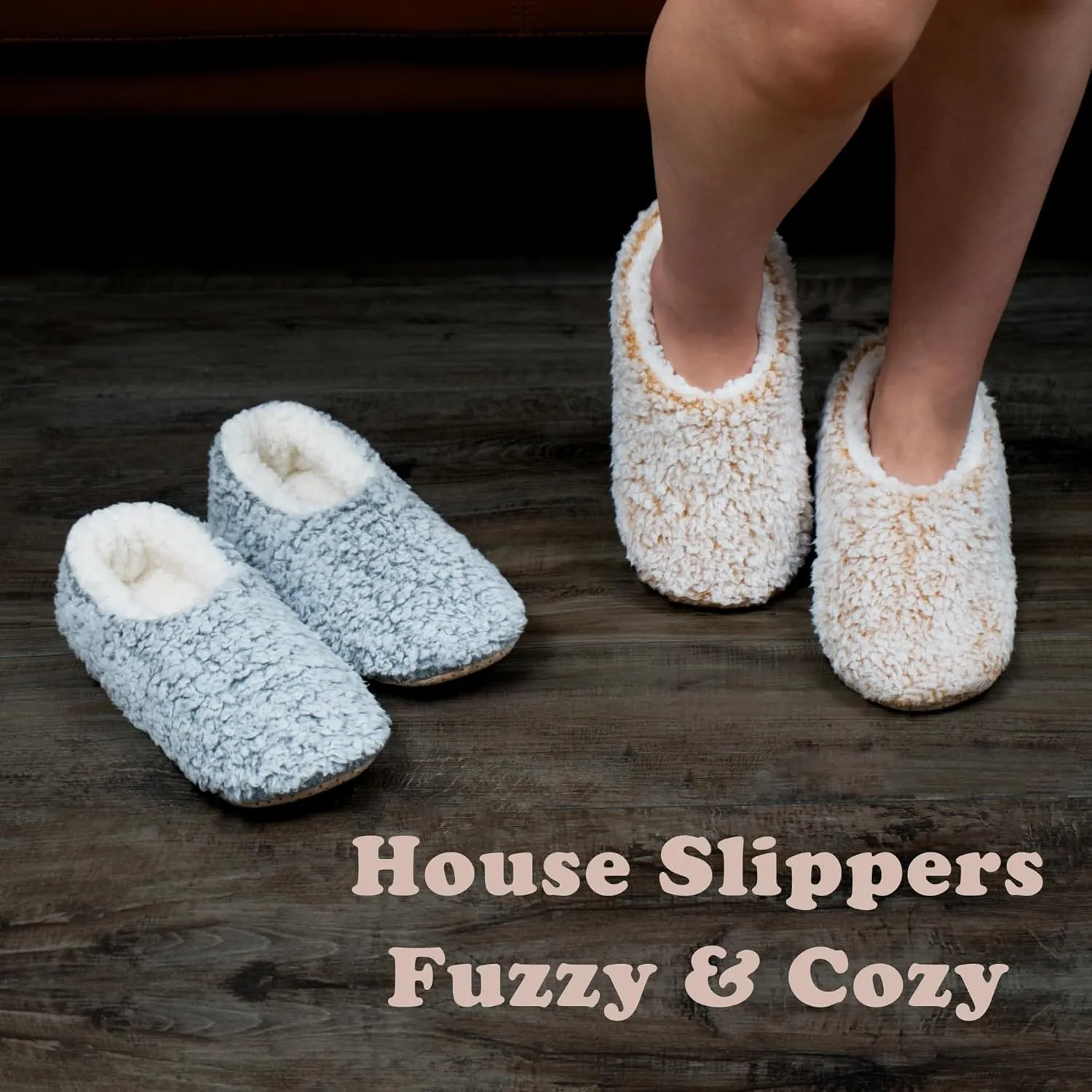 2-Pair Thick Warm Fuzzy Slippers for Women Indoor Fluffy Sherpa Lined, Winter House Shoe Socks Non-Slip Soft Soles, Cozy Christmas Gifts