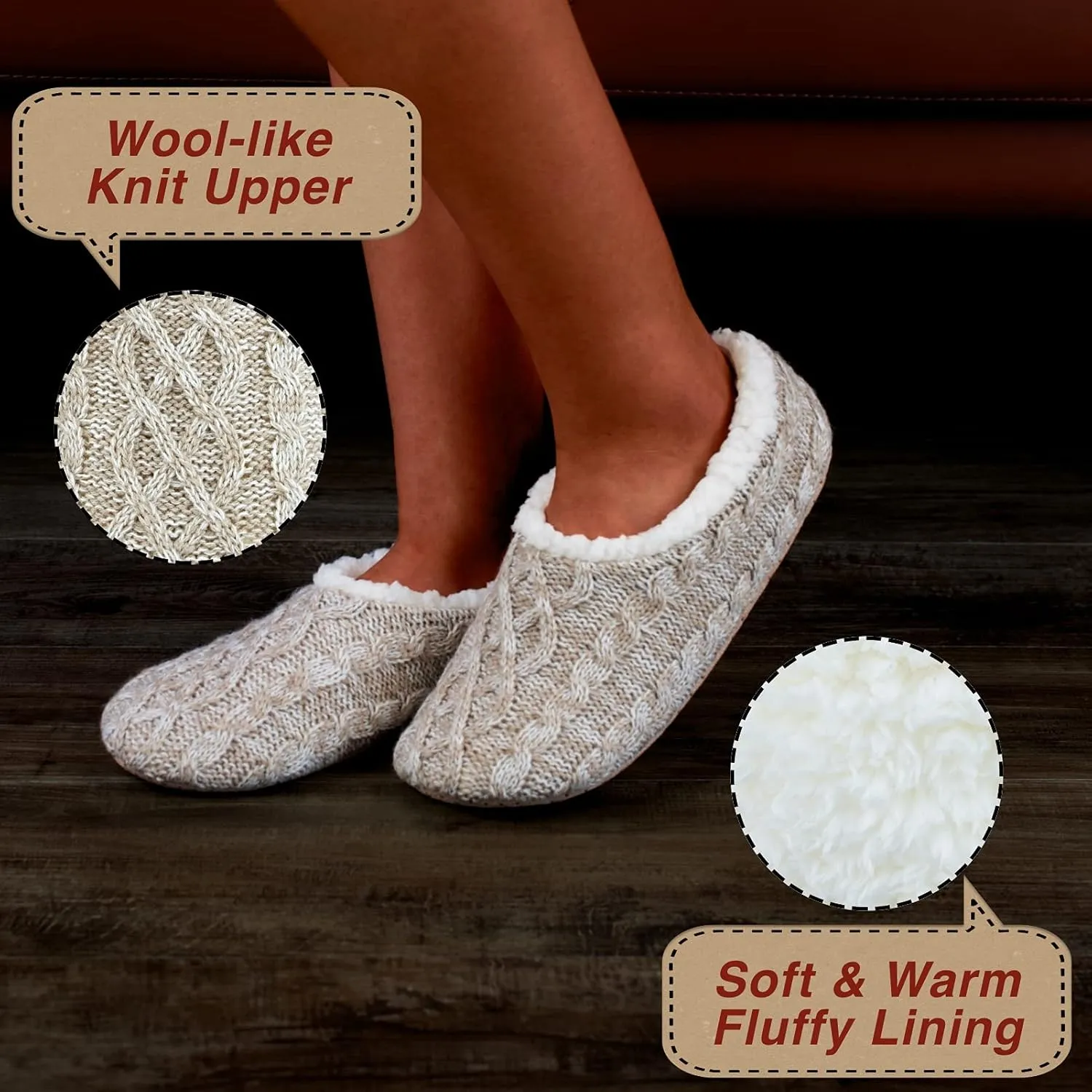 2-Pair Thick Warm Fuzzy Slippers for Women Indoor Fluffy Sherpa Lined, Winter House Shoe Socks Non-Slip Soft Soles, Cozy Christmas Gifts