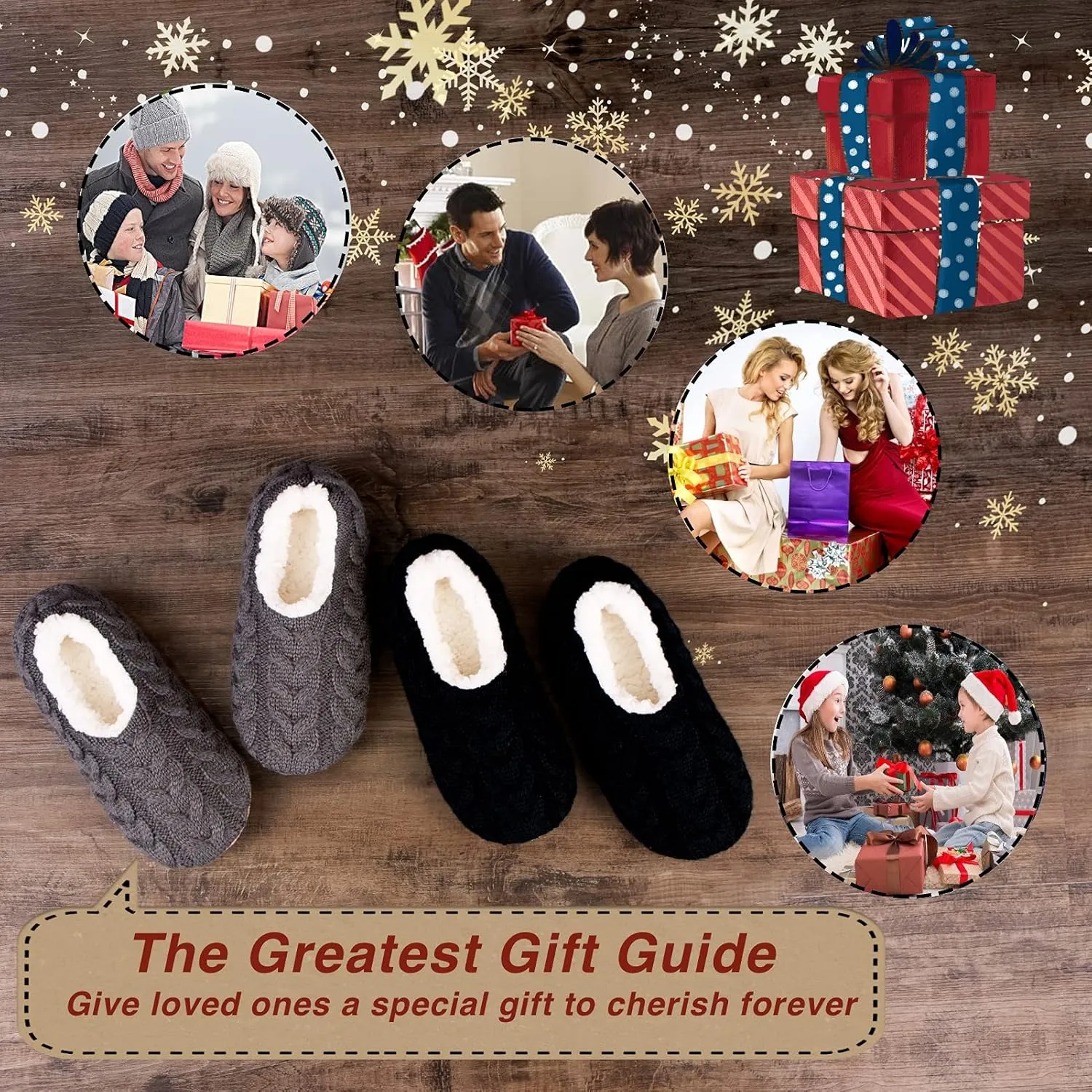 2-Pair Thick Warm Fuzzy Slippers for Women Indoor Fluffy Sherpa Lined, Winter House Shoe Socks Non-Slip Soft Soles, Cozy Christmas Gifts