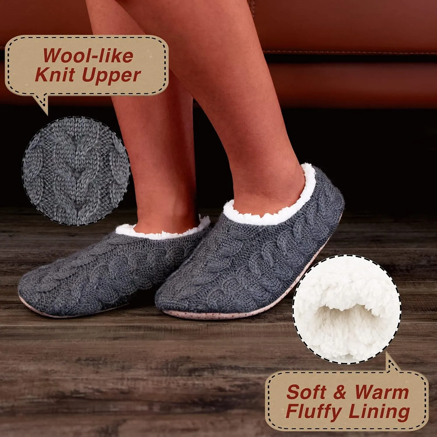2-Pair Thick Warm Fuzzy Slippers for Women Indoor Fluffy Sherpa Lined, Winter House Shoe Socks Non-Slip Soft Soles, Cozy Christmas Gifts