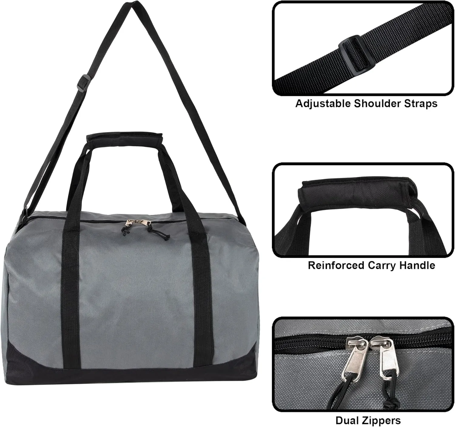 24 Pack Bulk Duffle Bags Wholesale by the Case for Homeless, Sports Teams, and Duffle Bags for Foster Kids (All Grey Pack)