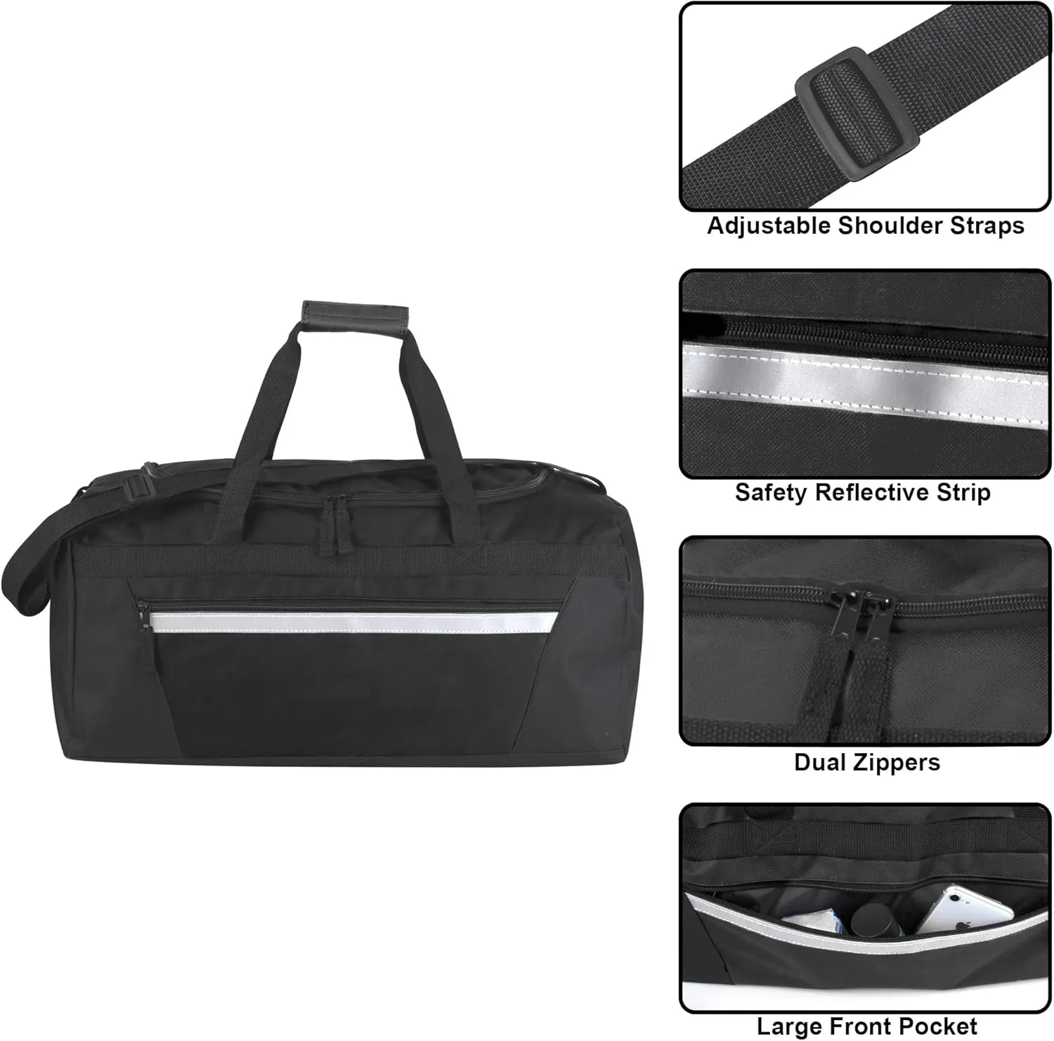 24 Pack Reflective Duffle Bags Bulk for Homeless Adults, Gym, Foster Kids Bulk Duffel Bags Wholesale (Black Pack)