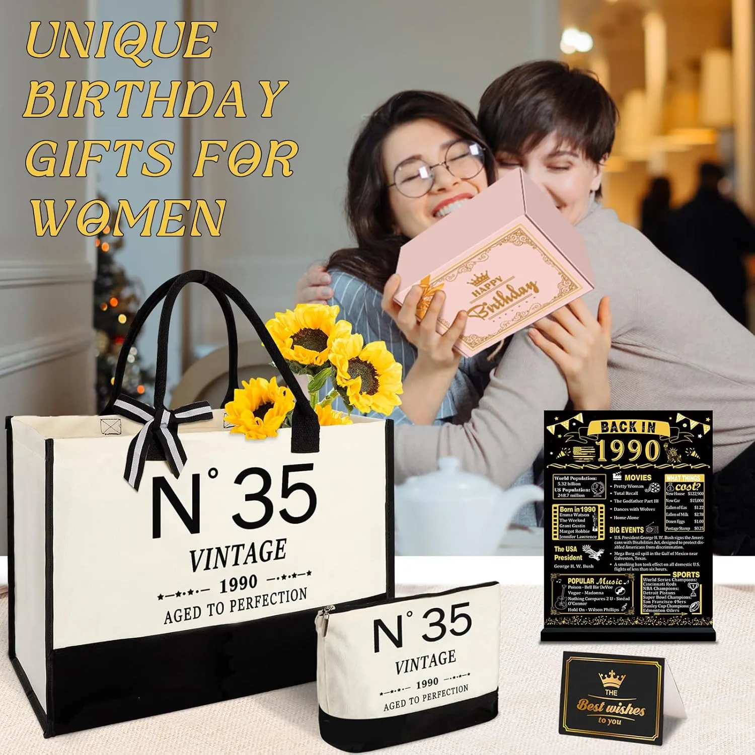 35th Birthday Gifts for Women Canvas Tote Bag Travel Gear,Unique 35 Years Old Gifts for Wife Mom Sister Aunt Friends Her, Vintage N°35 Handbag & Cosmetic Bag & Back in 1990 Poster
