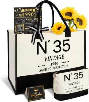 35th Birthday Gifts for Women Canvas Tote Bag Travel Gear,Unique 35 Years Old Gifts for Wife Mom Sister Aunt Friends Her, Vintage N°35 Handbag & Cosmetic Bag & Back in 1990 Poster