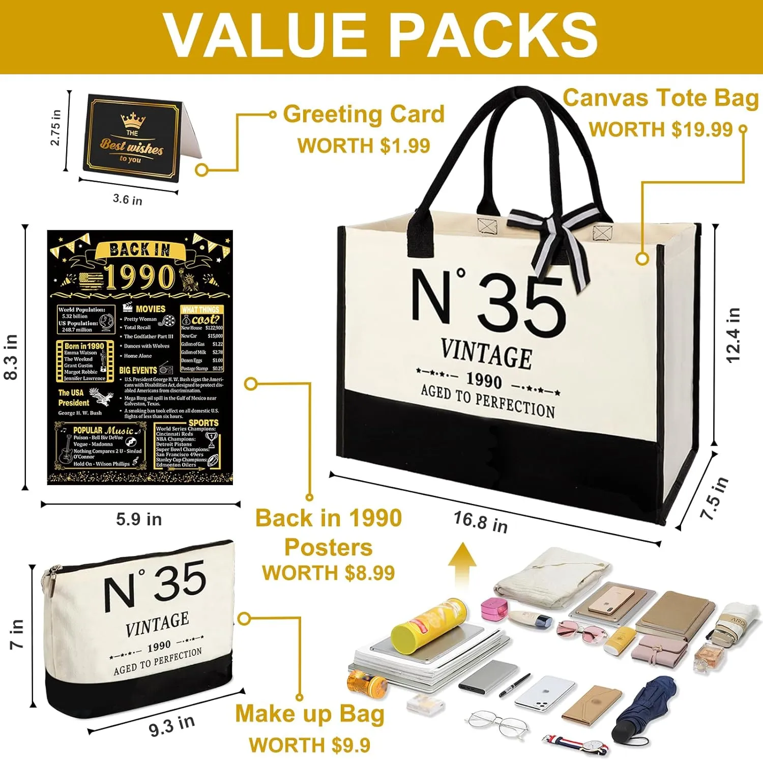 35th Birthday Gifts for Women Canvas Tote Bag Travel Gear,Unique 35 Years Old Gifts for Wife Mom Sister Aunt Friends Her, Vintage N°35 Handbag & Cosmetic Bag & Back in 1990 Poster