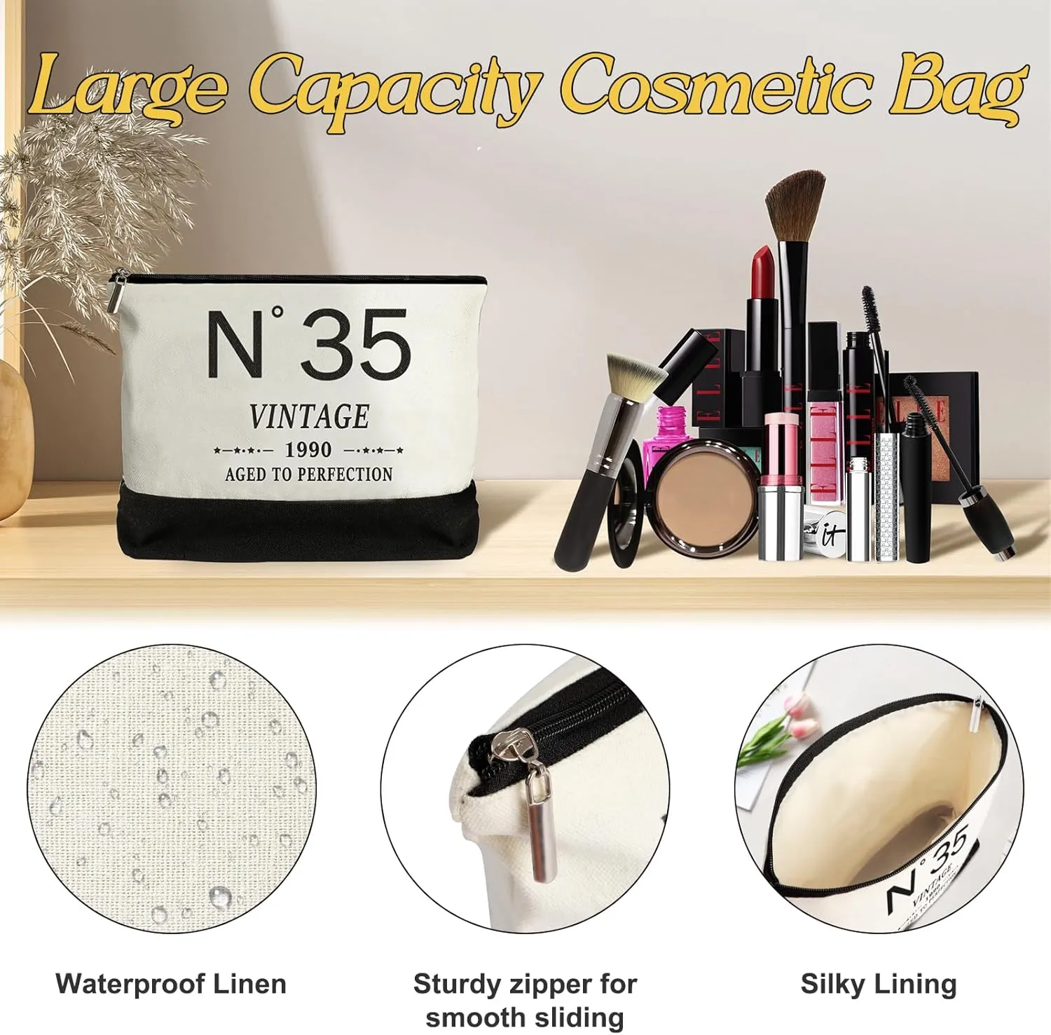 35th Birthday Gifts for Women Canvas Tote Bag Travel Gear,Unique 35 Years Old Gifts for Wife Mom Sister Aunt Friends Her, Vintage N°35 Handbag & Cosmetic Bag & Back in 1990 Poster