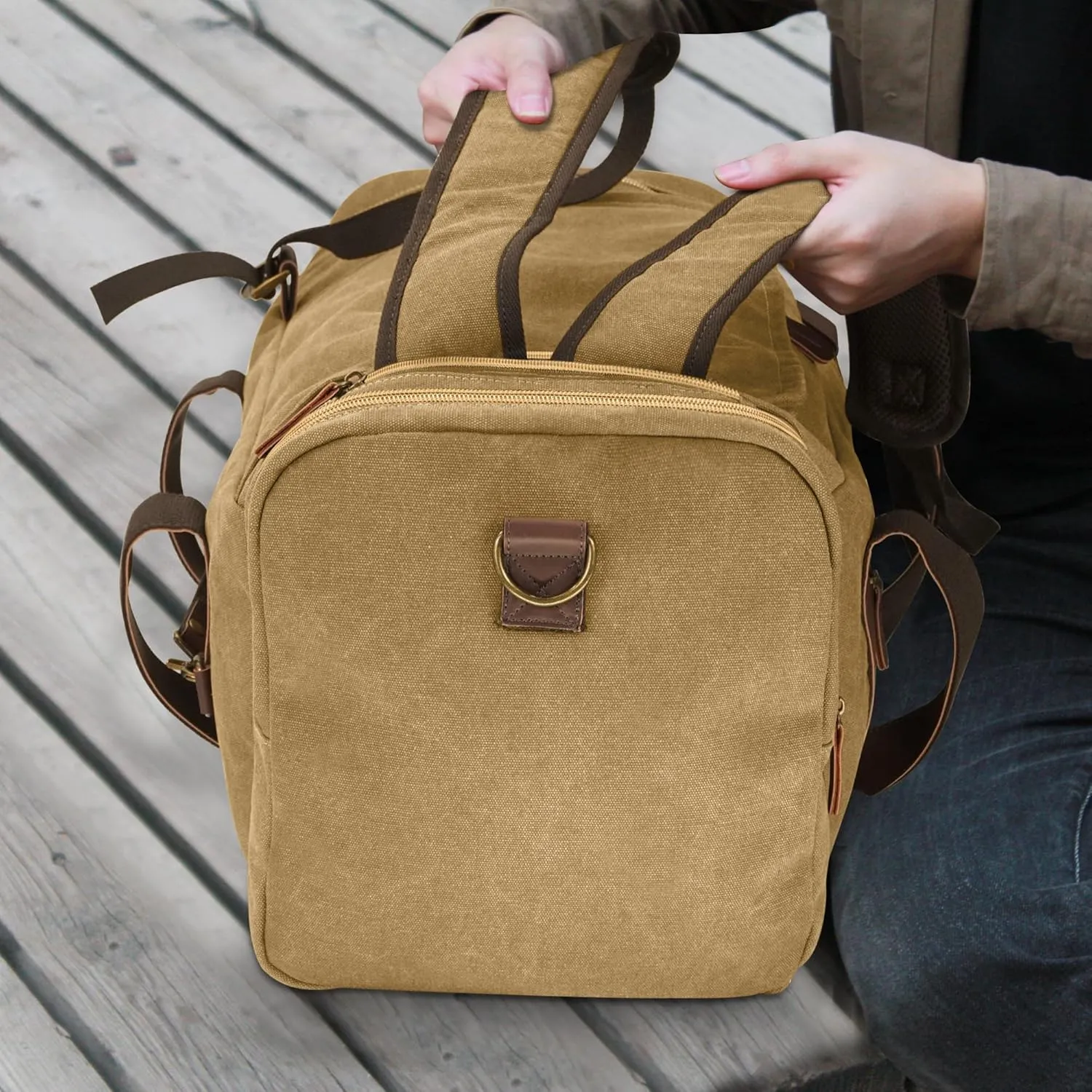 50L Duffle Bag for Men, Nomad Waxed Canvas Travel Duffel Bag Vintage Genuine Leather Travel Handbag Upgraded Weekender Overnight Backpack with Shoes Compartment (Khaki, Large-50L)