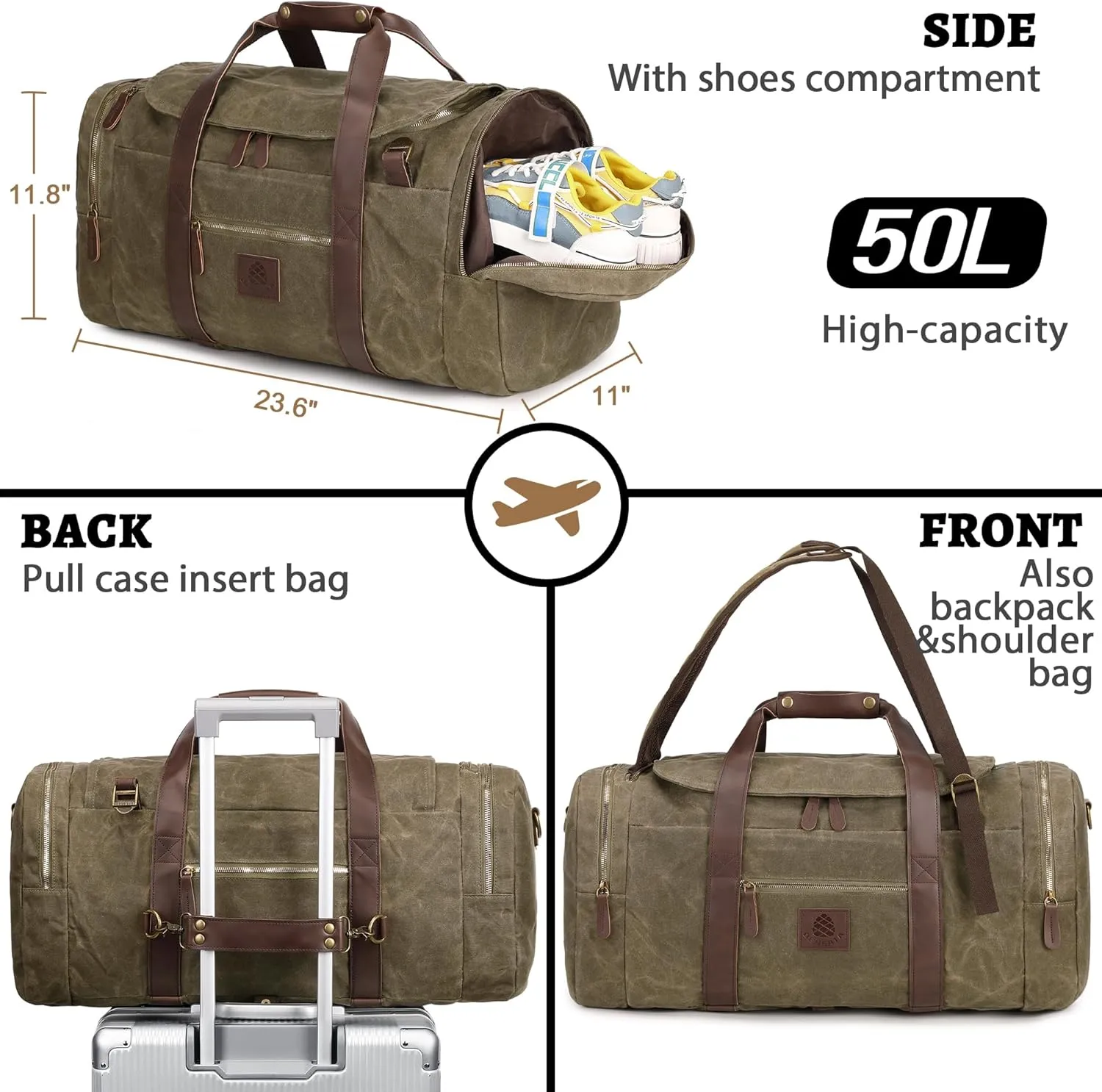 50L Duffle Bag for Men, Nomad Waxed Canvas Travel Duffel Bag Vintage Genuine Leather Travel Handbag Upgraded Weekender Overnight Backpack with Shoes Compartment (Vintage Grey)