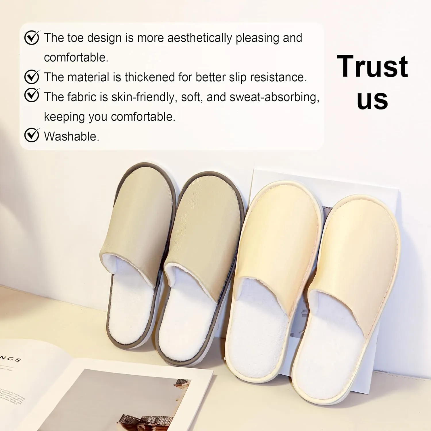 6-8 Pairs Disposable Slippers, Non Slip Slippers for Guests, Washable & Reusable, Soft and Breathable Crystal Twill Fabric, Unisex, Suitable for house, Hotel, Travel, Parties, Spa, Wedding