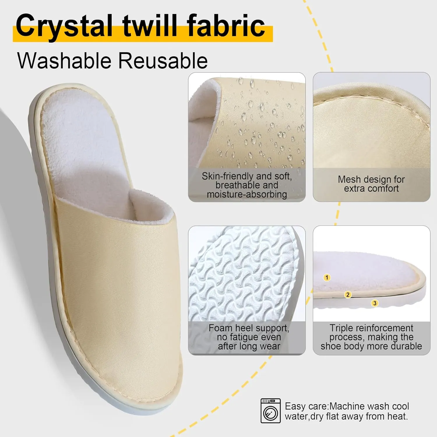 6-8 Pairs Disposable Slippers, Non Slip Slippers for Guests, Washable & Reusable, Soft and Breathable Crystal Twill Fabric, Unisex, Suitable for house, Hotel, Travel, Parties, Spa, Wedding