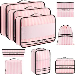 9 Set Packing Cubes Luggage Packing Organizers for Travel Accessories Space Saving Travel Bags for Carry On, Lightweight Mesh Zipper, Clothes, Shoes and Laundry Bag, Suitcases (Pink Streak)