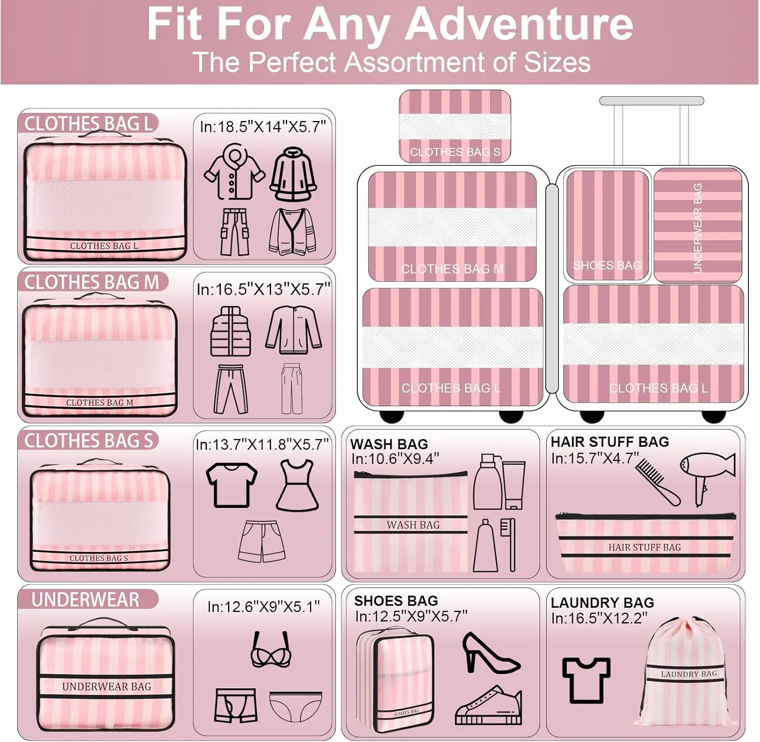 9 Set Packing Cubes Luggage Packing Organizers for Travel Accessories Space Saving Travel Bags for Carry On, Lightweight Mesh Zipper, Clothes, Shoes and Laundry Bag, Suitcases (Pink Streak)