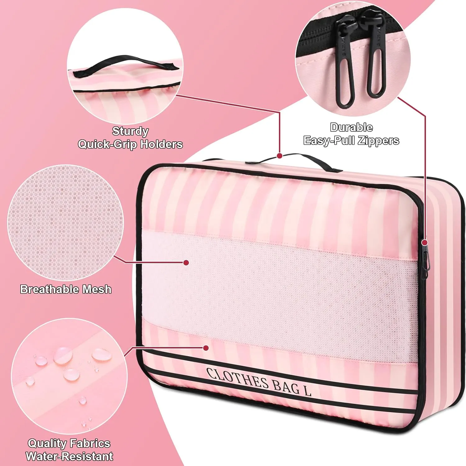9 Set Packing Cubes Luggage Packing Organizers for Travel Accessories Space Saving Travel Bags for Carry On, Lightweight Mesh Zipper, Clothes, Shoes and Laundry Bag, Suitcases (Pink Streak)