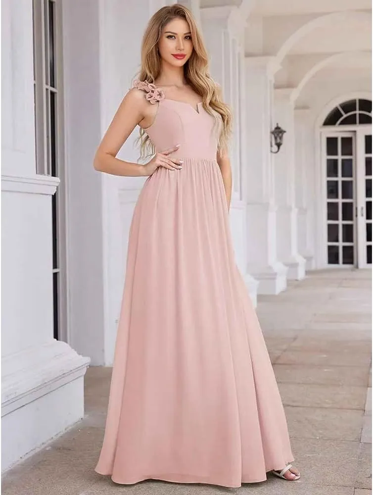 a-line Strap Bridesmaid Dresses Chiffon v-Neck Floral Long Formal Dress for Women