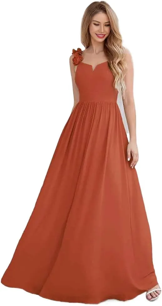 a-line Strap Bridesmaid Dresses Chiffon v-Neck Floral Long Formal Dress for Women