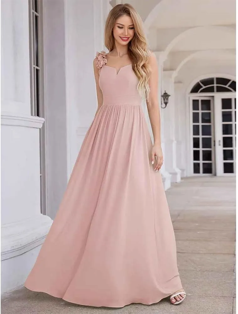 a-line Strap Bridesmaid Dresses Chiffon v-Neck Floral Long Formal Dress for Women