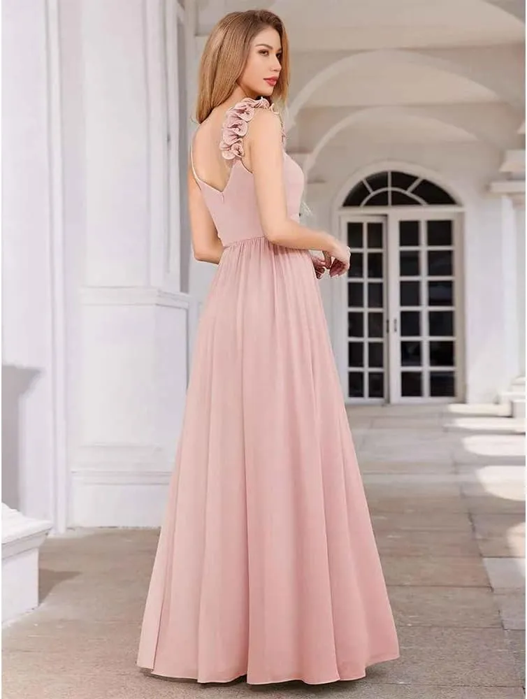 a-line Strap Bridesmaid Dresses Chiffon v-Neck Floral Long Formal Dress for Women
