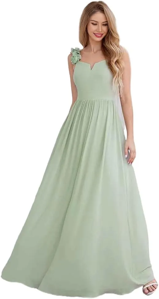 a-line Strap Bridesmaid Dresses Chiffon v-Neck Floral Long Formal Dress for Women