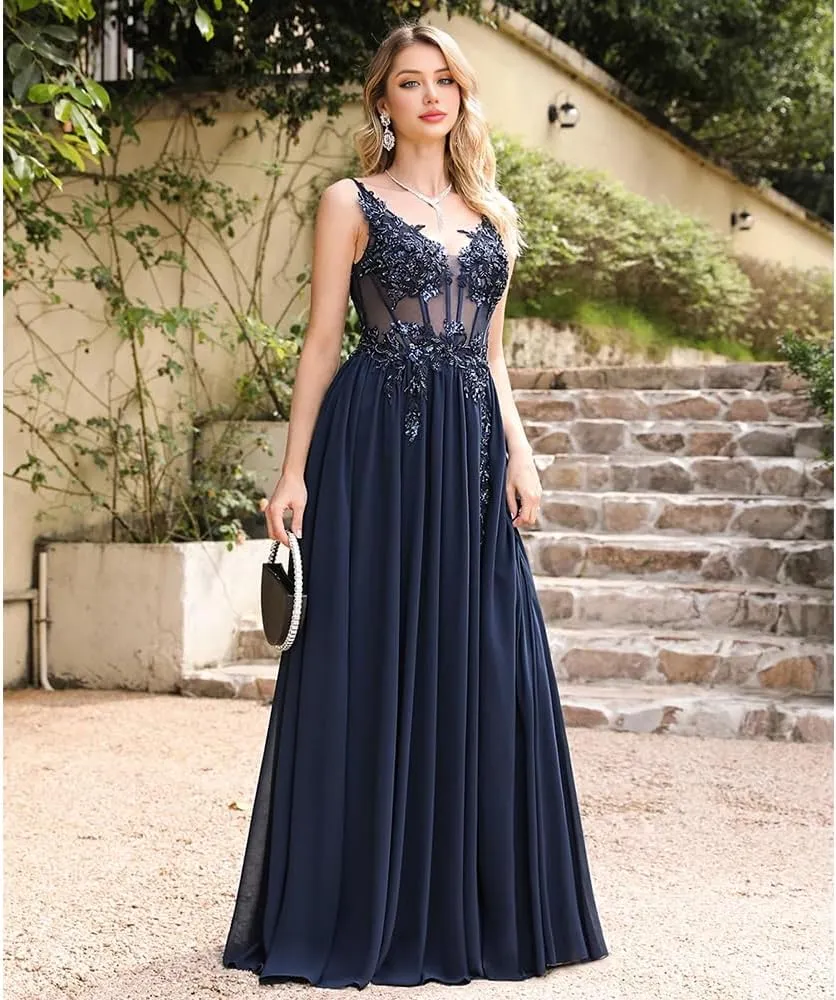 a-line v-Neck Prom Dress Floor Length illution Chiffon lace Appliques Formal Party Gown