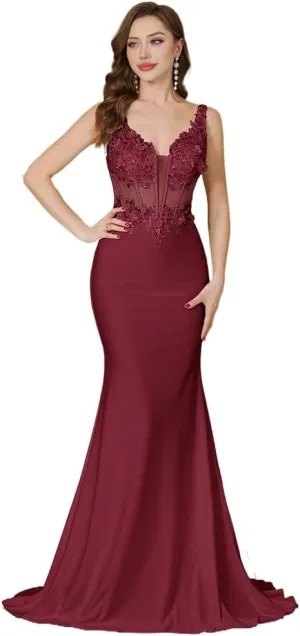 a-line v-Neck Prom Dress Floor Length illution Chiffon lace Appliques Formal Party Gown
