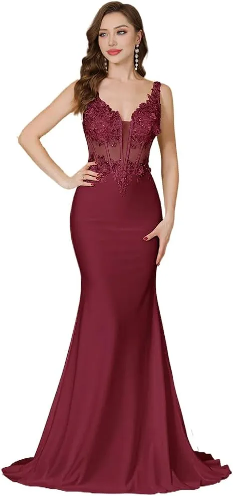 a-line v-Neck Prom Dress Floor Length illution Chiffon lace Appliques Formal Party Gown