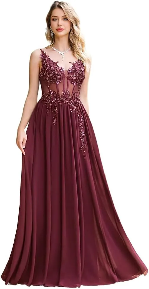 a-line v-Neck Prom Dress Floor Length illution Chiffon lace Appliques Formal Party Gown