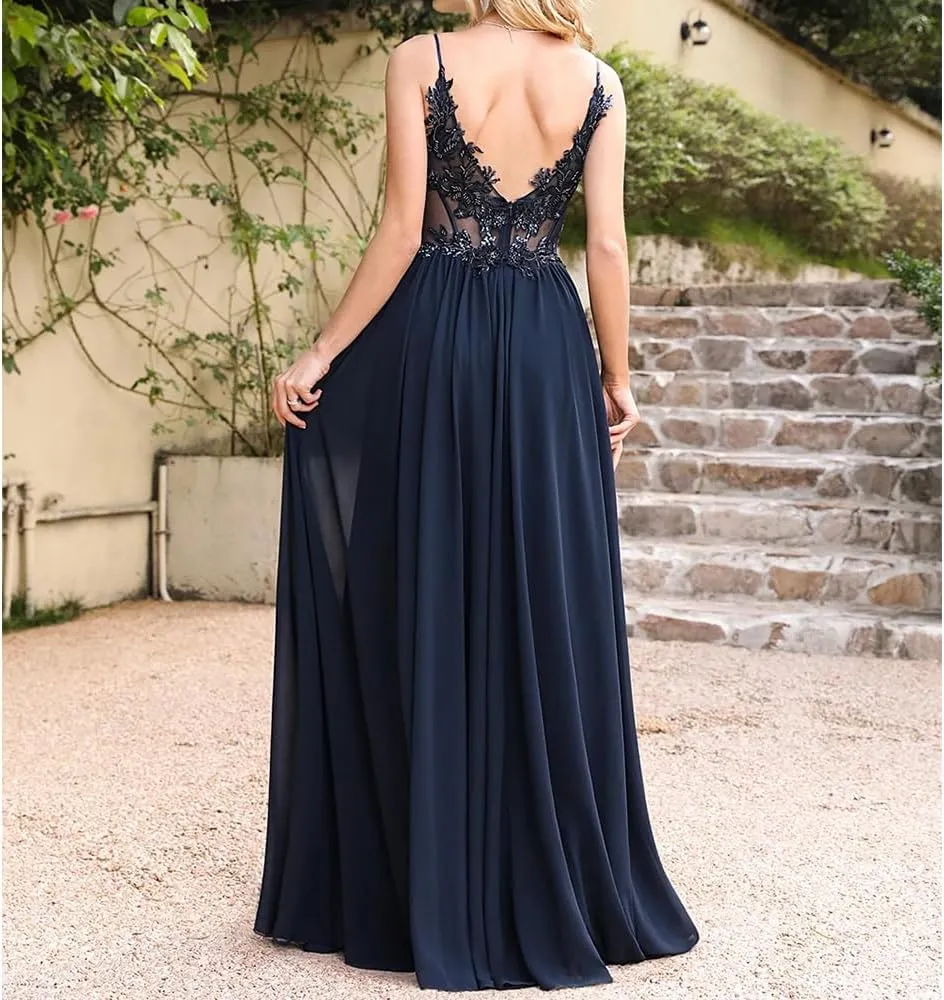 a-line v-Neck Prom Dress Floor Length illution Chiffon lace Appliques Formal Party Gown