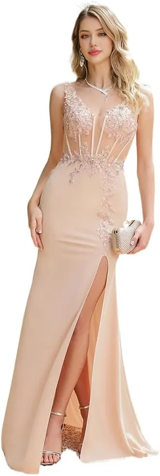 a-line v-Neck Prom Dress Floor Length illution Chiffon lace Appliques Formal Party Gown