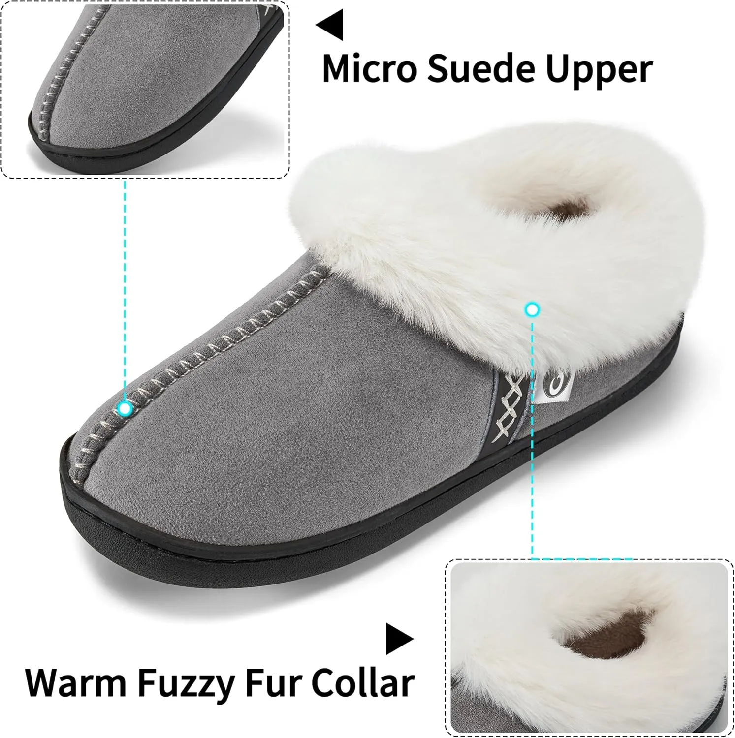 Ablanczoom Slippers for Women House Shoes: Comfy Memory Foam Slippers with Fuzzy Faux Fur Collar Non-skid Rubber Sole Indoor/Outdoor