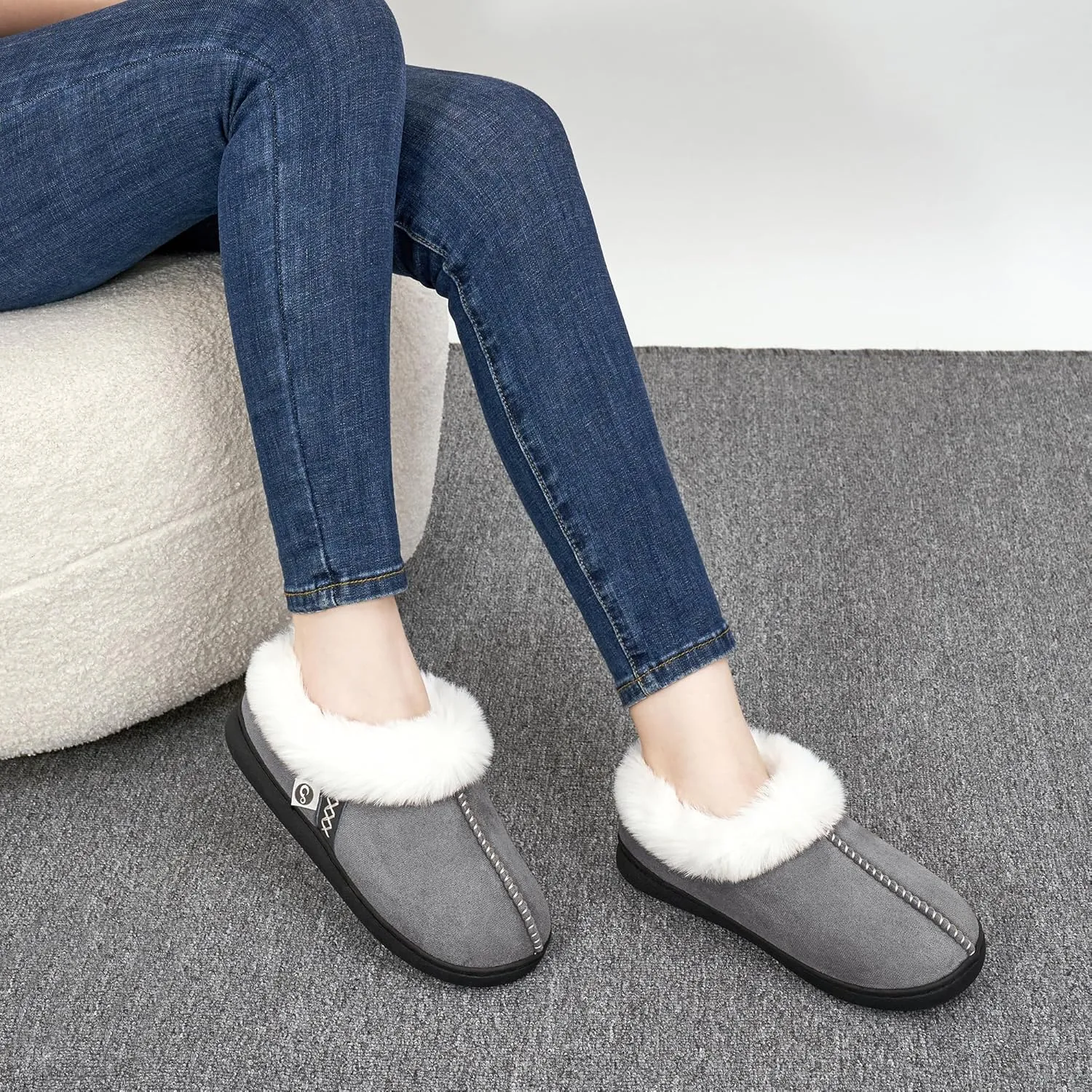 Ablanczoom Slippers for Women House Shoes: Comfy Memory Foam Slippers with Fuzzy Faux Fur Collar Non-skid Rubber Sole Indoor/Outdoor