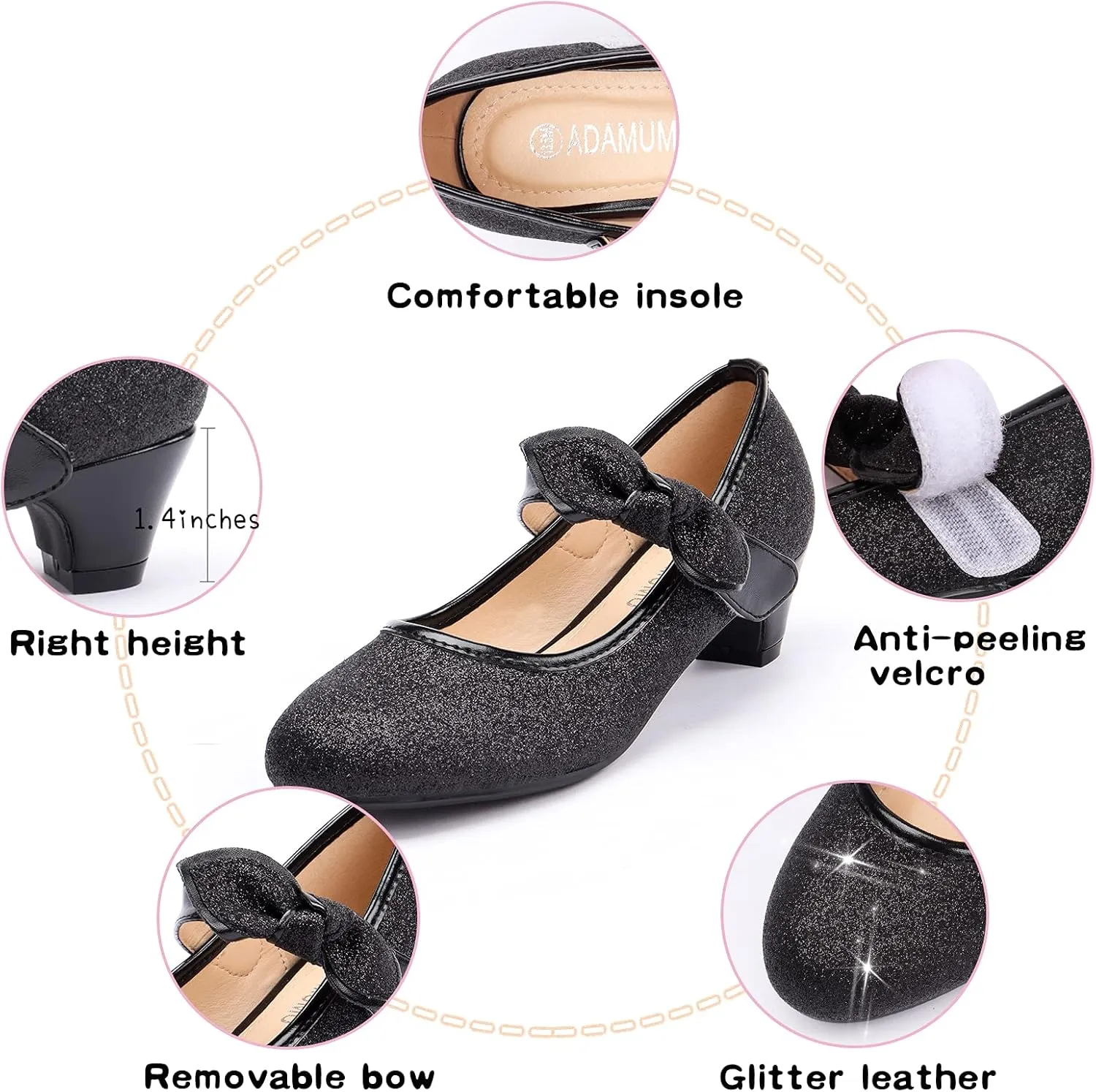 ADAMUMU Little Girls Princess Shoes Glittler Dress Shoes for Gilrs Toddler Girl Heels for Christmas Parties and Holiday Celebrations