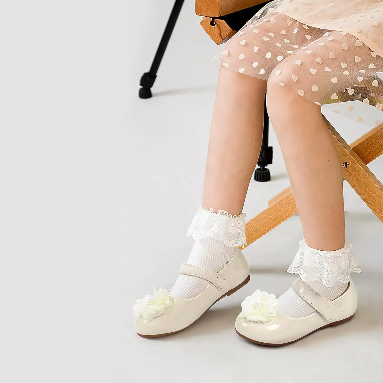 ADAMUMU Toddler Dress Shoes Flower Girl Shoes for Weeding Cute Toddler Mary Jane Shoes Lace Flore Ballet Flat for Walking, Jumping