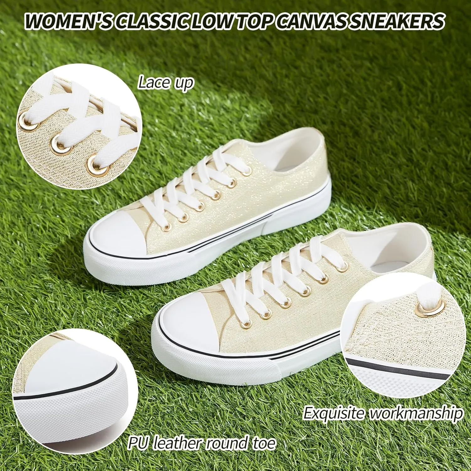 Adokoo Canvas Tennis Shoes for Women Low Top Casual White Black Sneakers for Women Lace Up Fashion Comfortable Walking Shoes