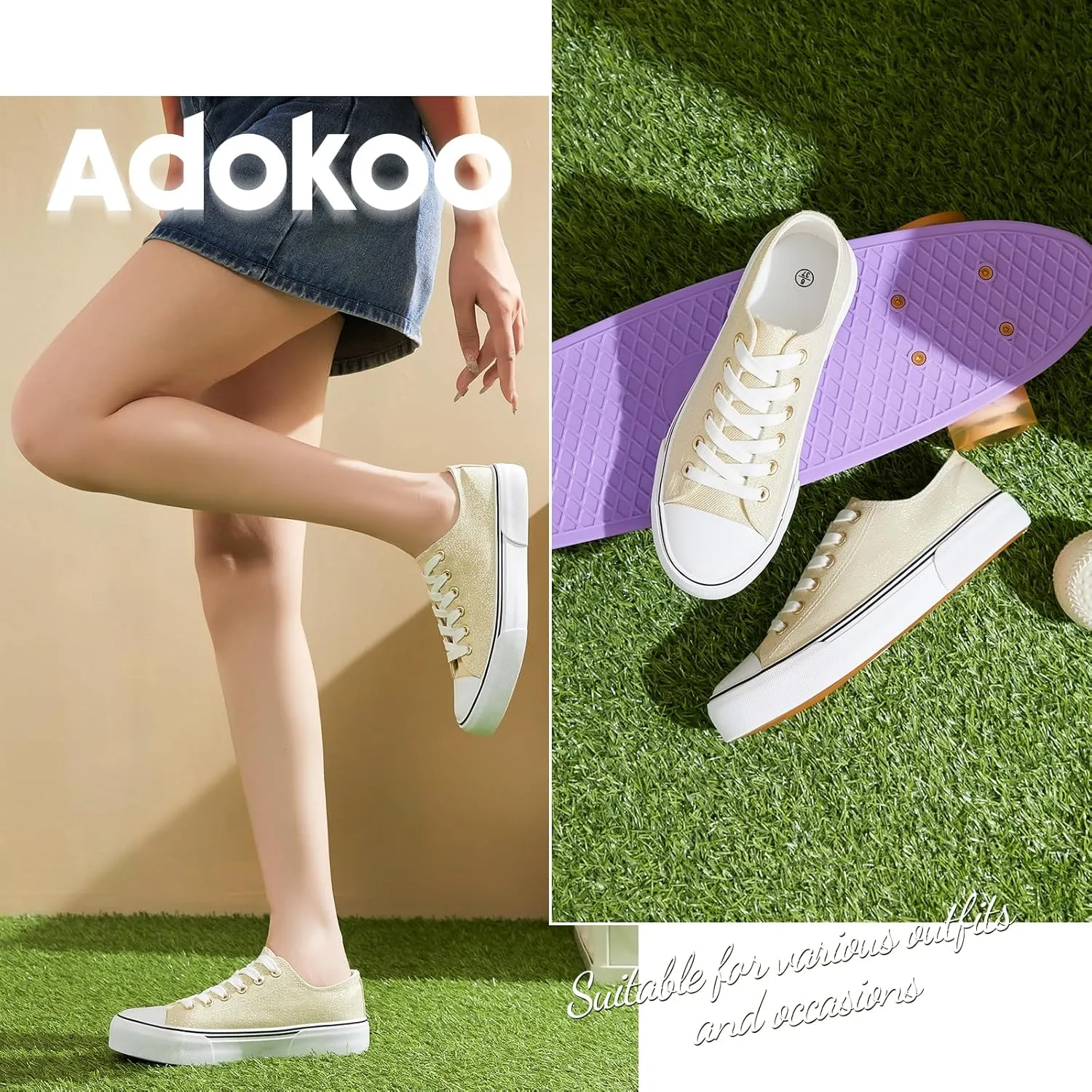 Adokoo Canvas Tennis Shoes for Women Low Top Casual White Black Sneakers for Women Lace Up Fashion Comfortable Walking Shoes
