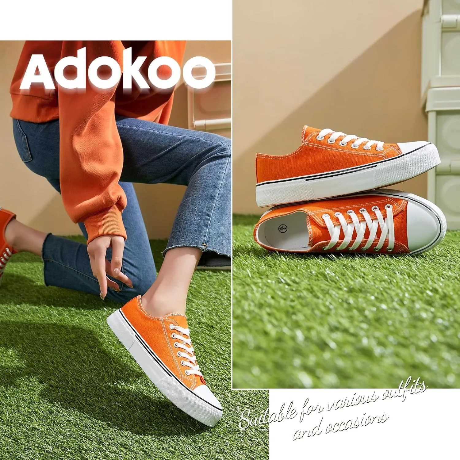 Adokoo Canvas Tennis Shoes for Women Low Top Casual White Black Sneakers for Women Lace Up Fashion Comfortable Walking Shoes