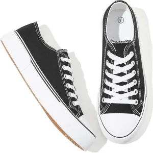 Adokoo Canvas Tennis Shoes for Women Low Top Casual White Black Sneakers for Women Lace Up Fashion Comfortable Walking Shoes