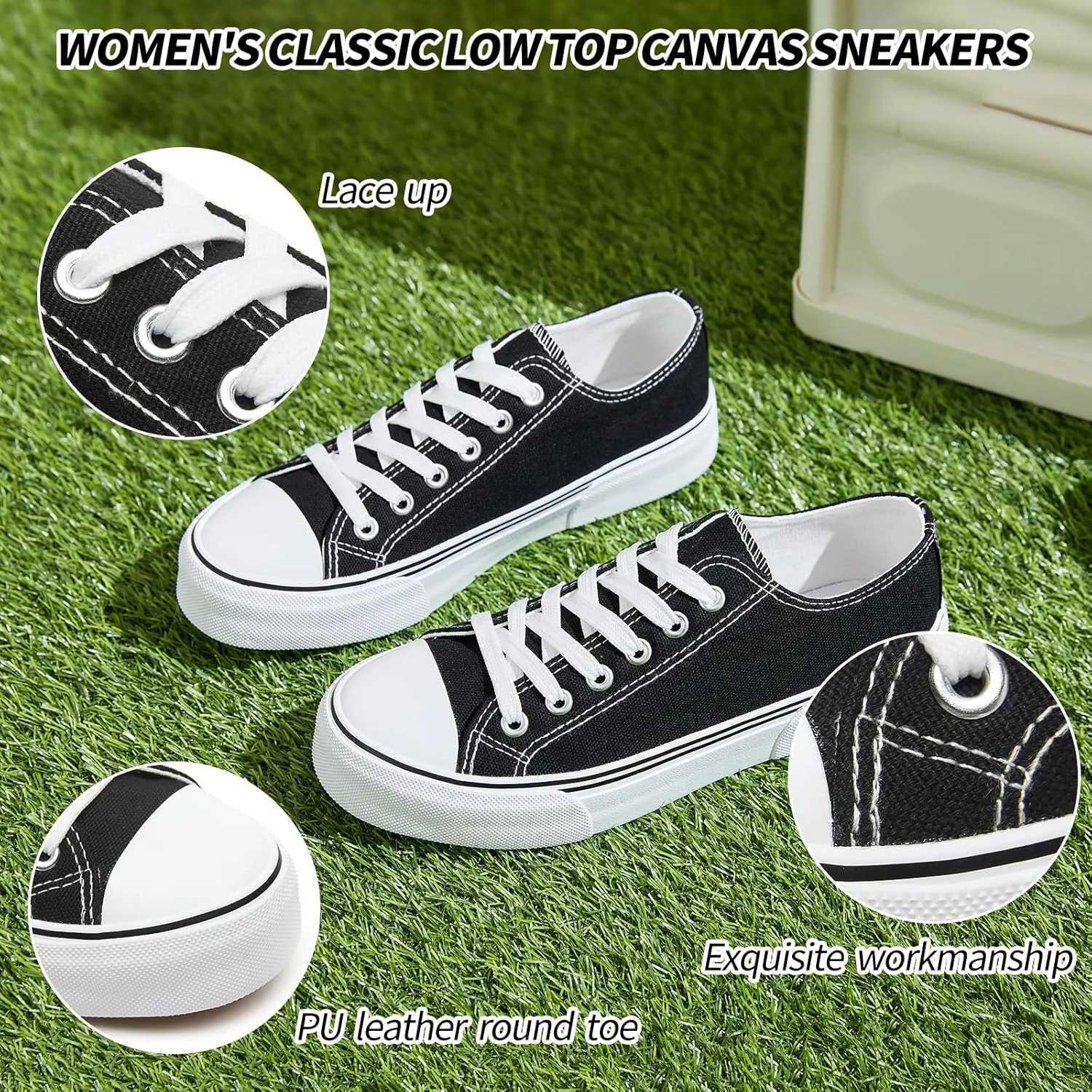 Adokoo Canvas Tennis Shoes for Women Low Top Casual White Black Sneakers for Women Lace Up Fashion Comfortable Walking Shoes