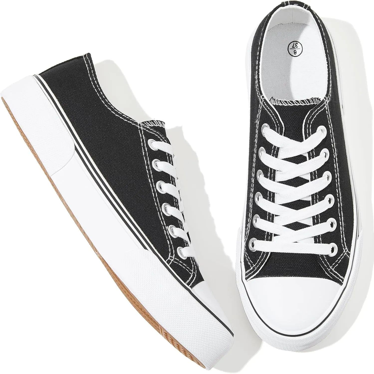 Adokoo Canvas Tennis Shoes for Women Low Top Casual White Black Sneakers for Women Lace Up Fashion Comfortable Walking Shoes