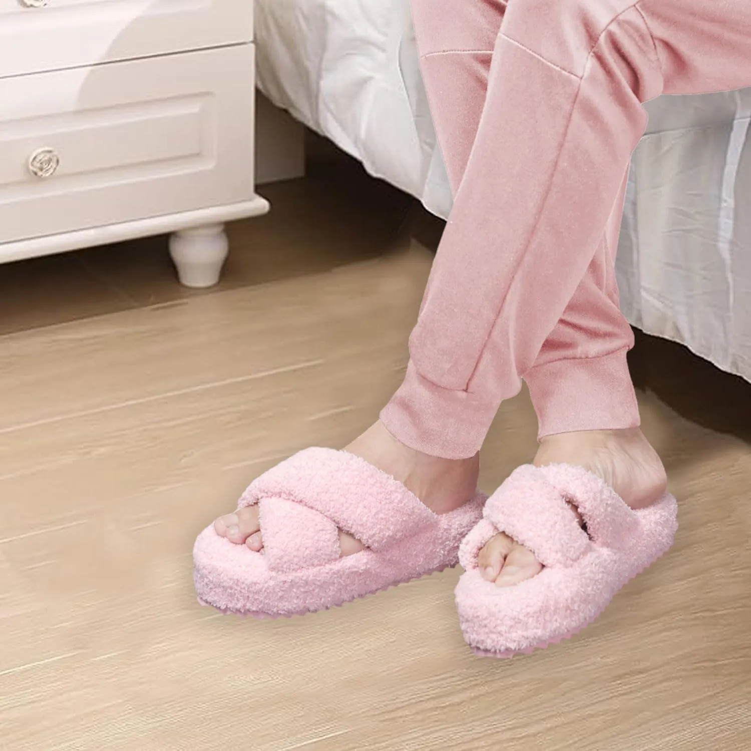 AEROPOSTALE Fuzzy Open Toe Slippers Shoes for Women – Soft Faux Sherpa Fur House Slippers with Memory Foam X Band, Indoor & Outdoor Non-Slip Sole, Fluffy Criss-Cross Design for Bedroom, Spa, and Lounge