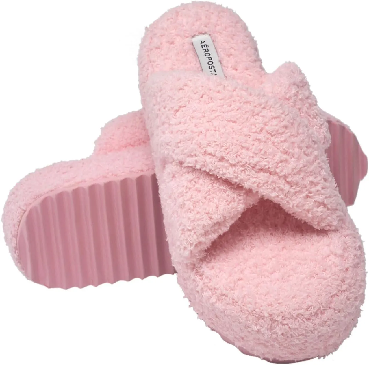 AEROPOSTALE Fuzzy Open Toe Slippers Shoes for Women – Soft Faux Sherpa Fur House Slippers with Memory Foam X Band, Indoor & Outdoor Non-Slip Sole, Fluffy Criss-Cross Design for Bedroom, Spa, and Lounge