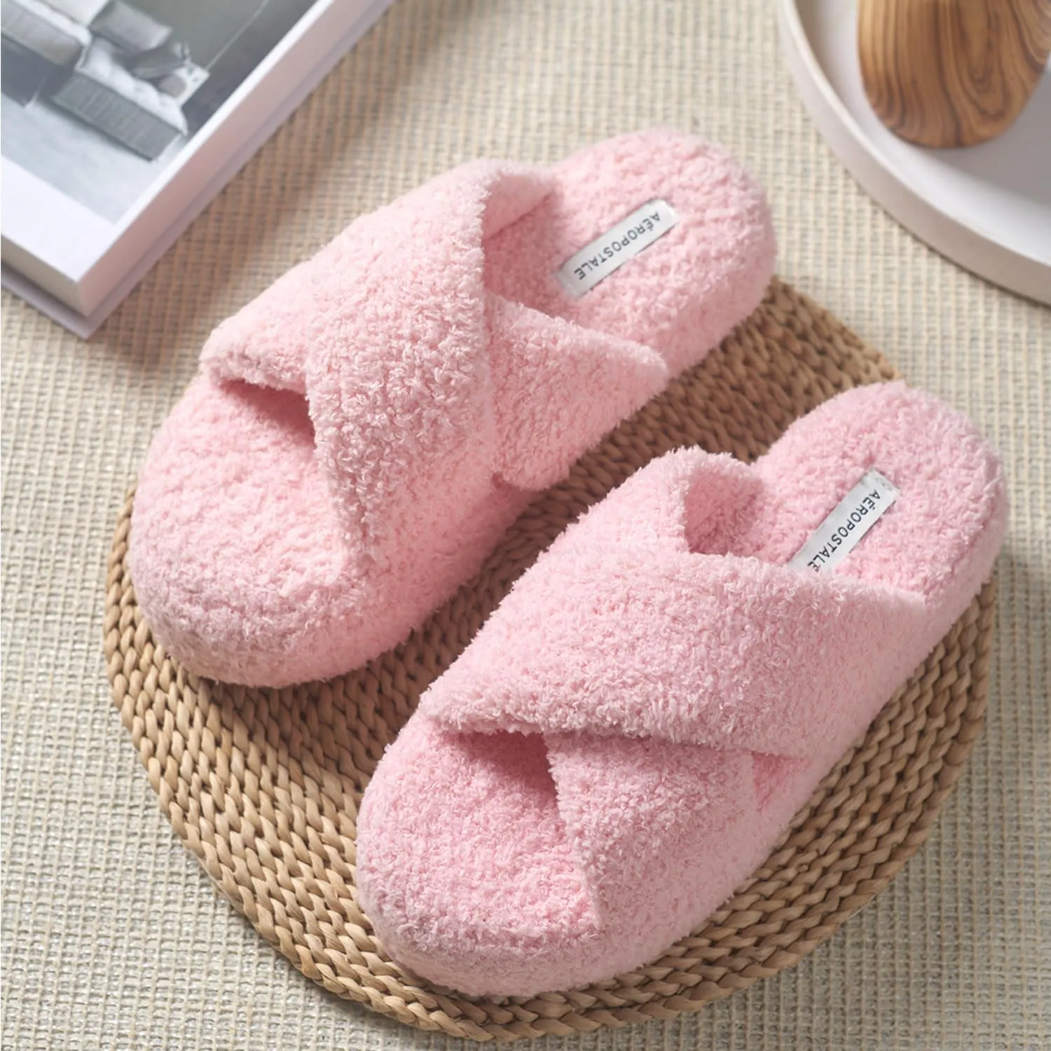 AEROPOSTALE Fuzzy Open Toe Slippers Shoes for Women – Soft Faux Sherpa Fur House Slippers with Memory Foam X Band, Indoor & Outdoor Non-Slip Sole, Fluffy Criss-Cross Design for Bedroom, Spa, and Lounge