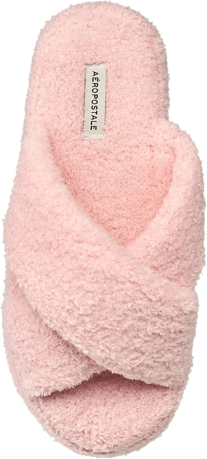 AEROPOSTALE Fuzzy Open Toe Slippers Shoes for Women – Soft Faux Sherpa Fur House Slippers with Memory Foam X Band, Indoor & Outdoor Non-Slip Sole, Fluffy Criss-Cross Design for Bedroom, Spa, and Lounge